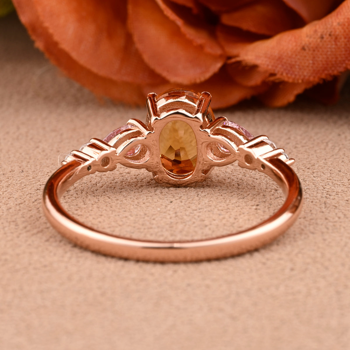Vintage Oval Citrine Engagement Ring Unique Pink Sapphire Sidestones Oval Gemstone Promise Ring