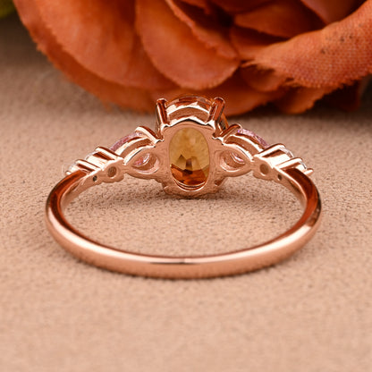 Vintage Oval Citrine Engagement Ring Unique Pink Sapphire Sidestones Oval Gemstone Promise Ring
