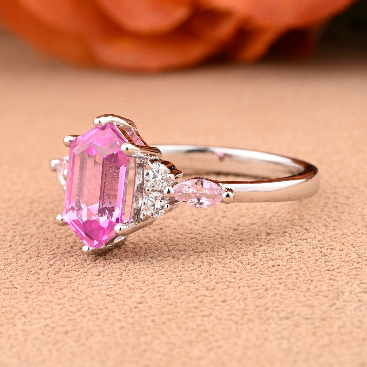 Vintage Hexagon Cut Pink Sapphire Engagement Ring Unique Moissanite Wedding Ring Art Deco Rose Gold Ring Dainty Bridal Ring Anniversary Ring