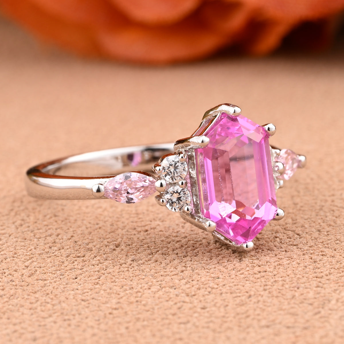 Vintage Hexagon Cut Pink Sapphire Engagement Ring Unique Moissanite Wedding Ring Art Deco Rose Gold Ring Dainty Bridal Ring Anniversary Ring