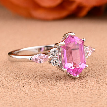 Vintage Hexagon Cut Pink Sapphire Engagement Ring Unique Moissanite Wedding Ring Art Deco Rose Gold Ring Dainty Bridal Ring Anniversary Ring