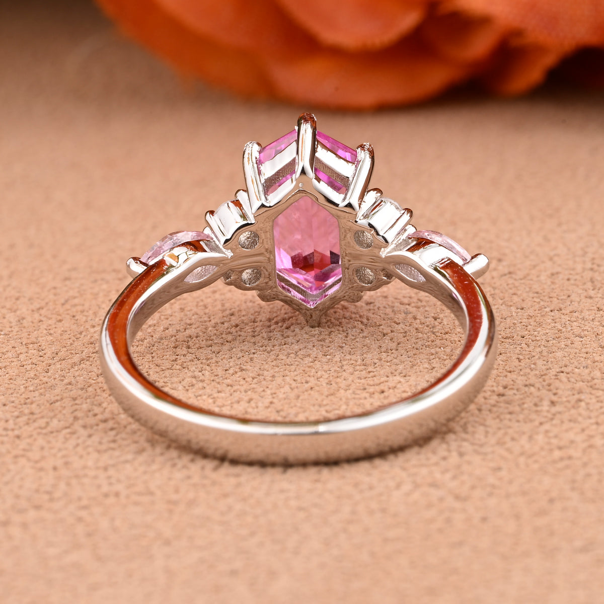 Vintage Hexagon Cut Pink Sapphire Engagement Ring Unique Moissanite Wedding Ring Art Deco Rose Gold Ring Dainty Bridal Ring Anniversary Ring