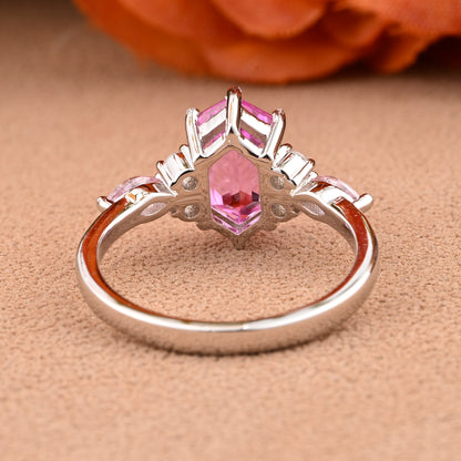 Vintage Hexagon Cut Pink Sapphire Engagement Ring Unique Moissanite Wedding Ring Art Deco Rose Gold Ring Dainty Bridal Ring Anniversary Ring