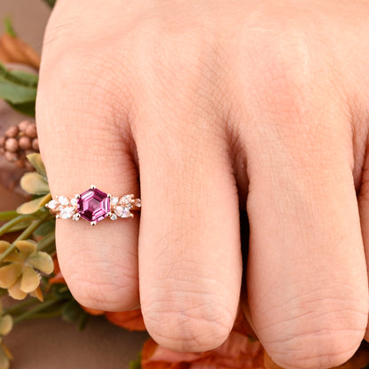 Vintage Hexagon Cut Pink Sapphire Engagement Ring Nature Inspired Cluster Promise Ring Rose Gold Art Deco Leaf Women Gemstone Branch Ring