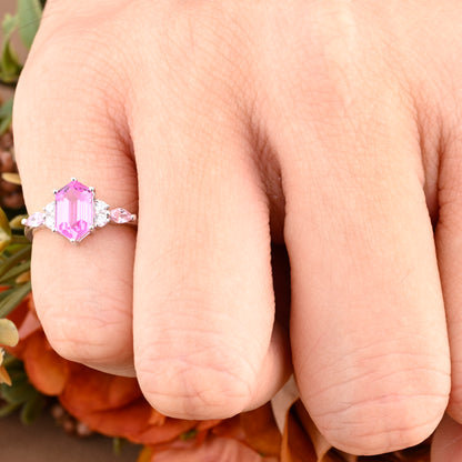 Vintage Hexagon Cut Pink Sapphire Engagement Ring Unique Moissanite Wedding Ring Art Deco Rose Gold Ring Dainty Bridal Ring Anniversary Ring