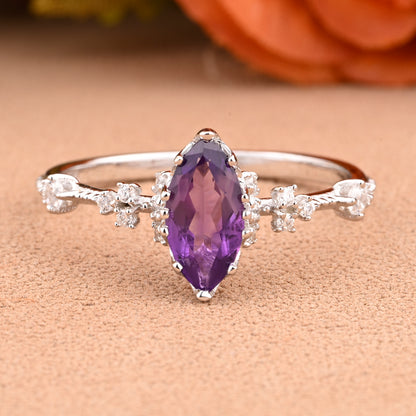 Marquise Cut Amethyst Ring Vintage Solid Gold Engagement Ring Purple Amethyst Ring Unique Moissanite Bridal Wedding Anniversary Gift For Her