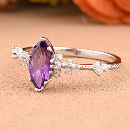 Marquise Cut Amethyst Ring Vintage Solid Gold Engagement Ring Purple Amethyst Ring Unique Moissanite Bridal Wedding Anniversary Gift For Her