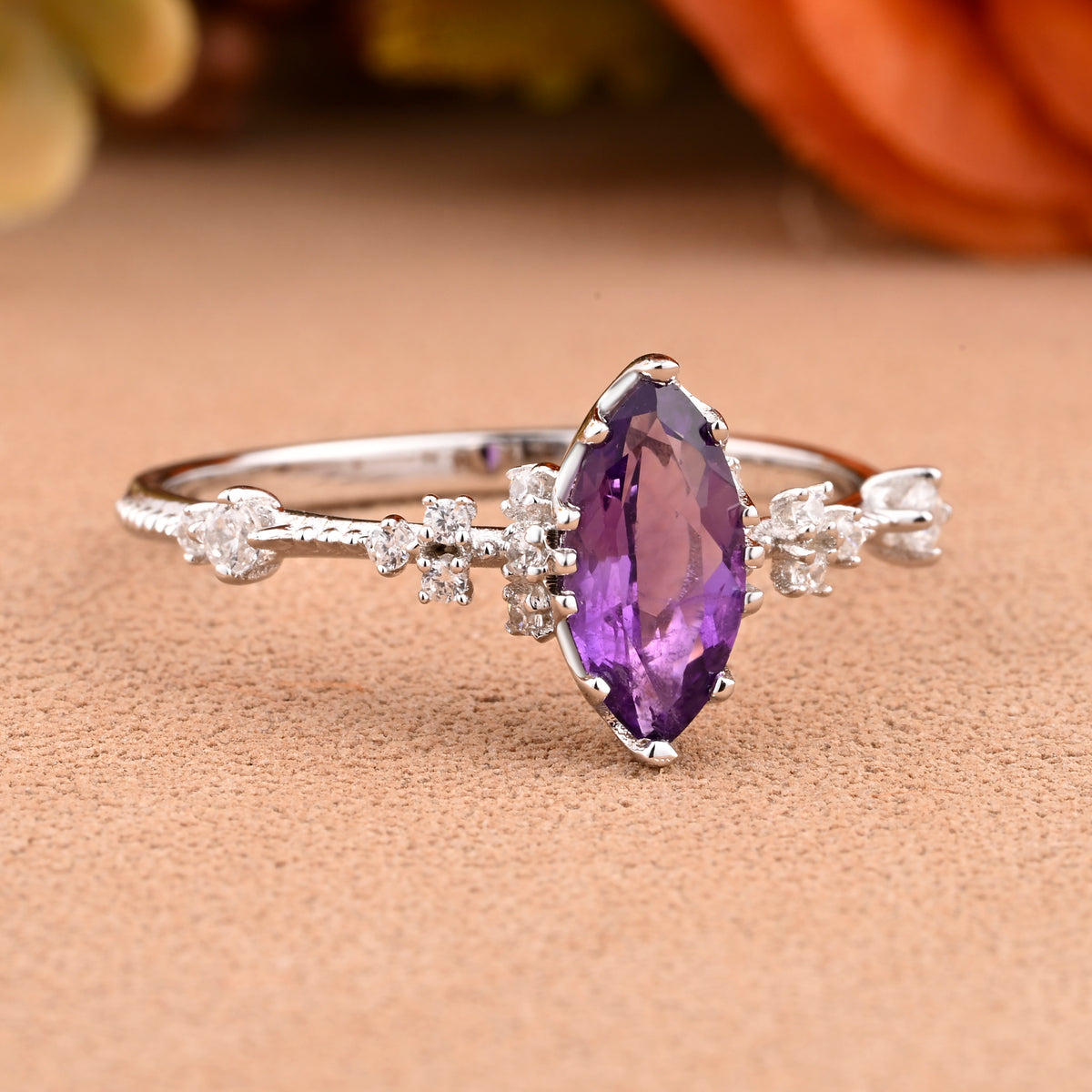 Marquise Cut Amethyst Ring Vintage Solid Gold Engagement Ring Purple Amethyst Ring Unique Moissanite Bridal Wedding Anniversary Gift For Her