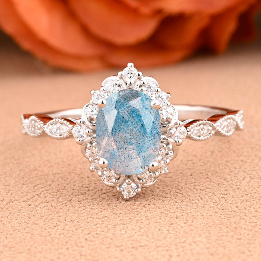 Vintage Labradorite Engagement Ring Oval Shape Anniversary Ring Solid Gold Solitaire Unique Labradorite Ring for Women