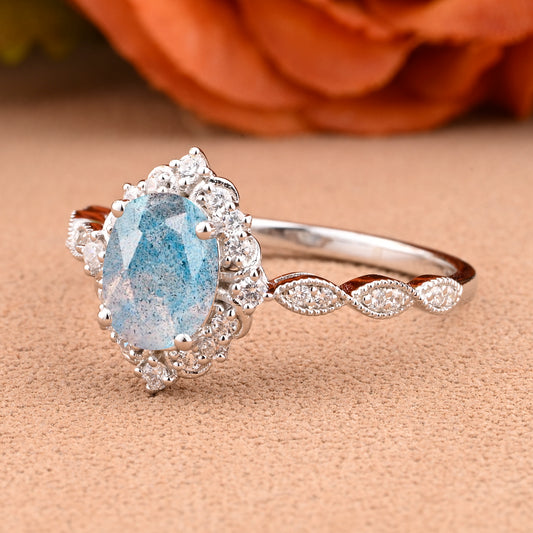 Vintage Labradorite Engagement Ring Oval Shape Anniversary Ring Solid Gold Solitaire Unique Labradorite Ring for Women