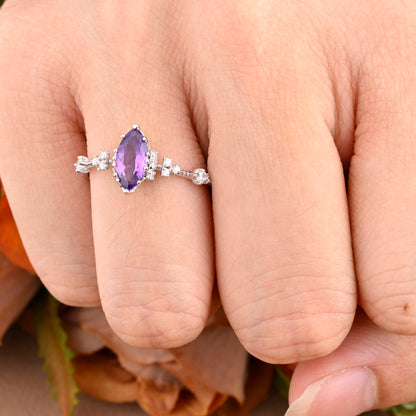 Marquise Cut Amethyst Ring Vintage Solid Gold Engagement Ring Purple Amethyst Ring Unique Moissanite Bridal Wedding Anniversary Gift For Her