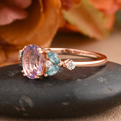 Vintage Oval Amethyst Engagement Ring Unique Moss Agate Sidestones Oval Gemstone Promise Ring