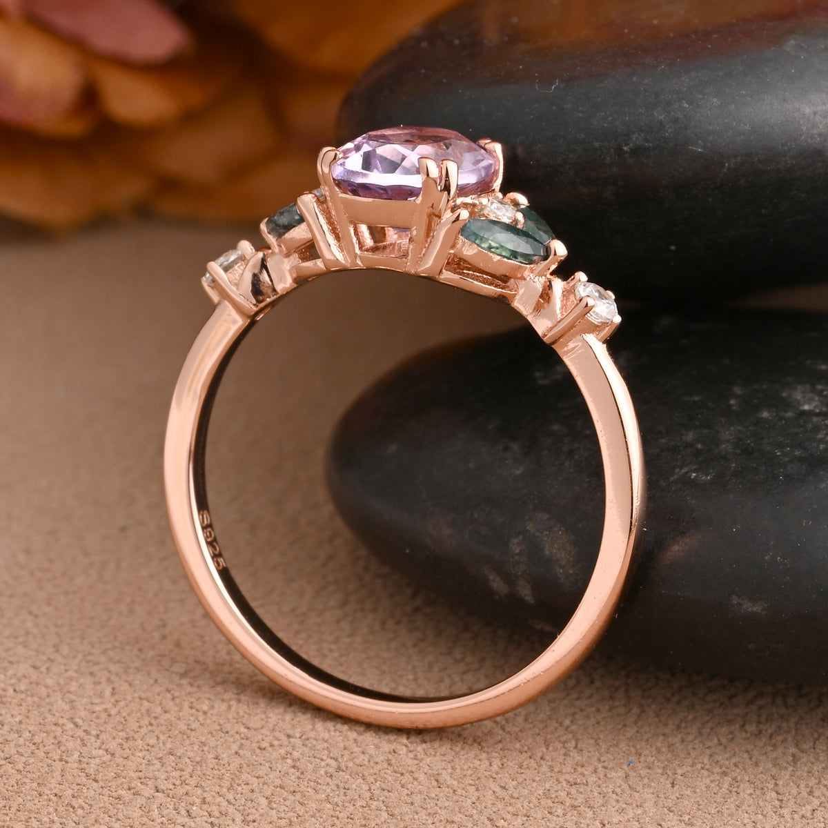 Vintage Oval Amethyst Engagement Ring Unique Moss Agate Sidestones Oval Gemstone Promise Ring