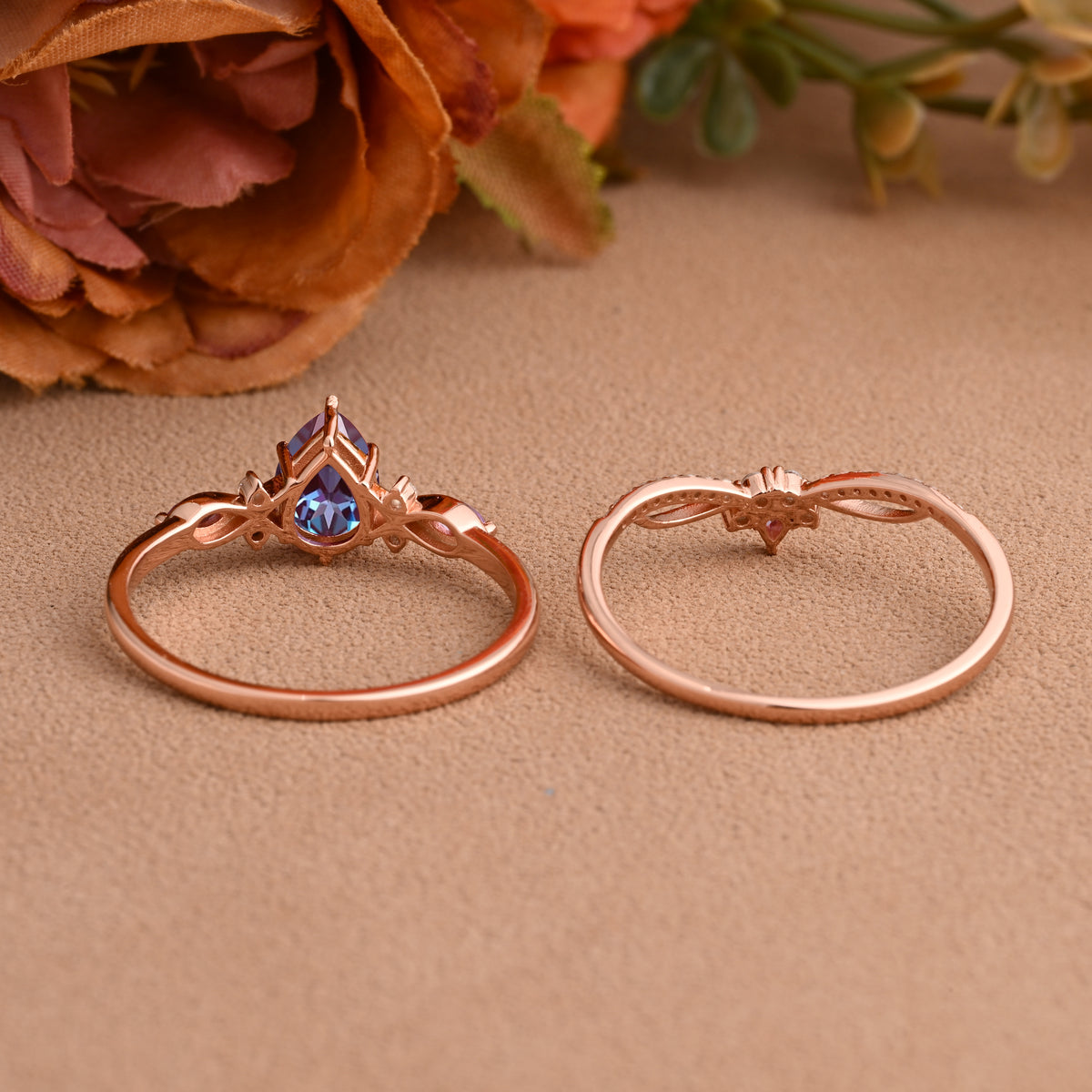 Vintage Pear Shape Alexandrite Engagement Ring Set Unique Alexandrite Gemstone Promise Bridal Ring Set Anniversary Gift