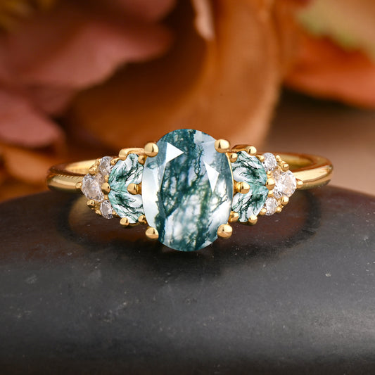 Vintage Oval Moss Agate Engagement Ring Unique Moss Agate Sidestones Oval Moissanite Deco Gemstone Promise Ring