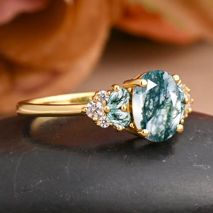 Vintage Oval Moss Agate Engagement Ring Unique Moss Agate Sidestones Oval Moissanite Deco Gemstone Promise Ring