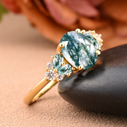 Vintage Oval Moss Agate Engagement Ring Unique Moss Agate Sidestones Oval Moissanite Deco Gemstone Promise Ring
