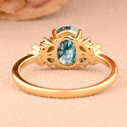 Vintage Oval Moss Agate Engagement Ring Unique Moss Agate Sidestones Oval Moissanite Deco Gemstone Promise Ring