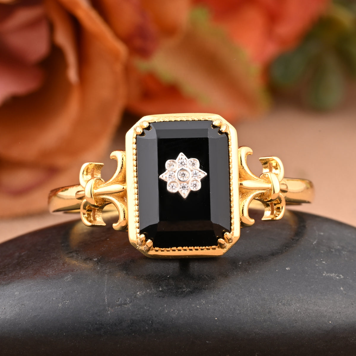 Vintage Black Onyx Emerald Cut Ring Art Deco Black Onyx Engagement Rings Handmade Octagon Gemstone Statement Ring Personalized Jewelry Gift For Her