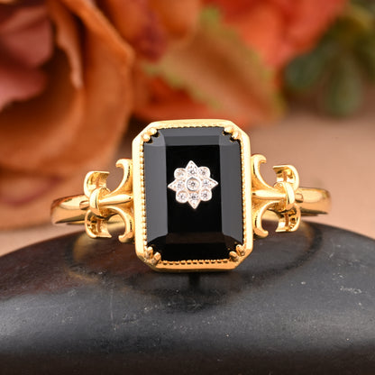 Vintage Black Onyx Emerald Cut Ring Art Deco Black Onyx Engagement Rings Handmade Octagon Gemstone Statement Ring Personalized Jewelry Gift For Her