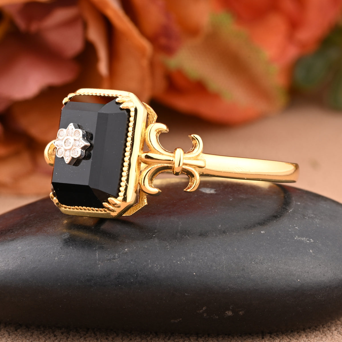 Vintage Black Onyx Emerald Cut Ring Art Deco Black Onyx Engagement Rings Handmade Octagon Gemstone Statement Ring Personalized Jewelry Gift For Her