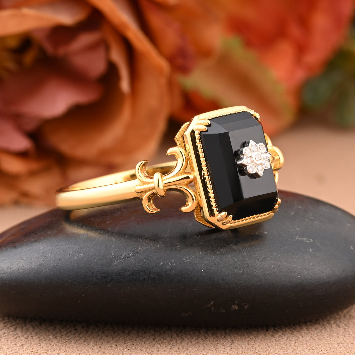 Vintage Black Onyx Emerald Cut Ring Art Deco Black Onyx Engagement Rings Handmade Octagon Gemstone Statement Ring Personalized Jewelry Gift For Her