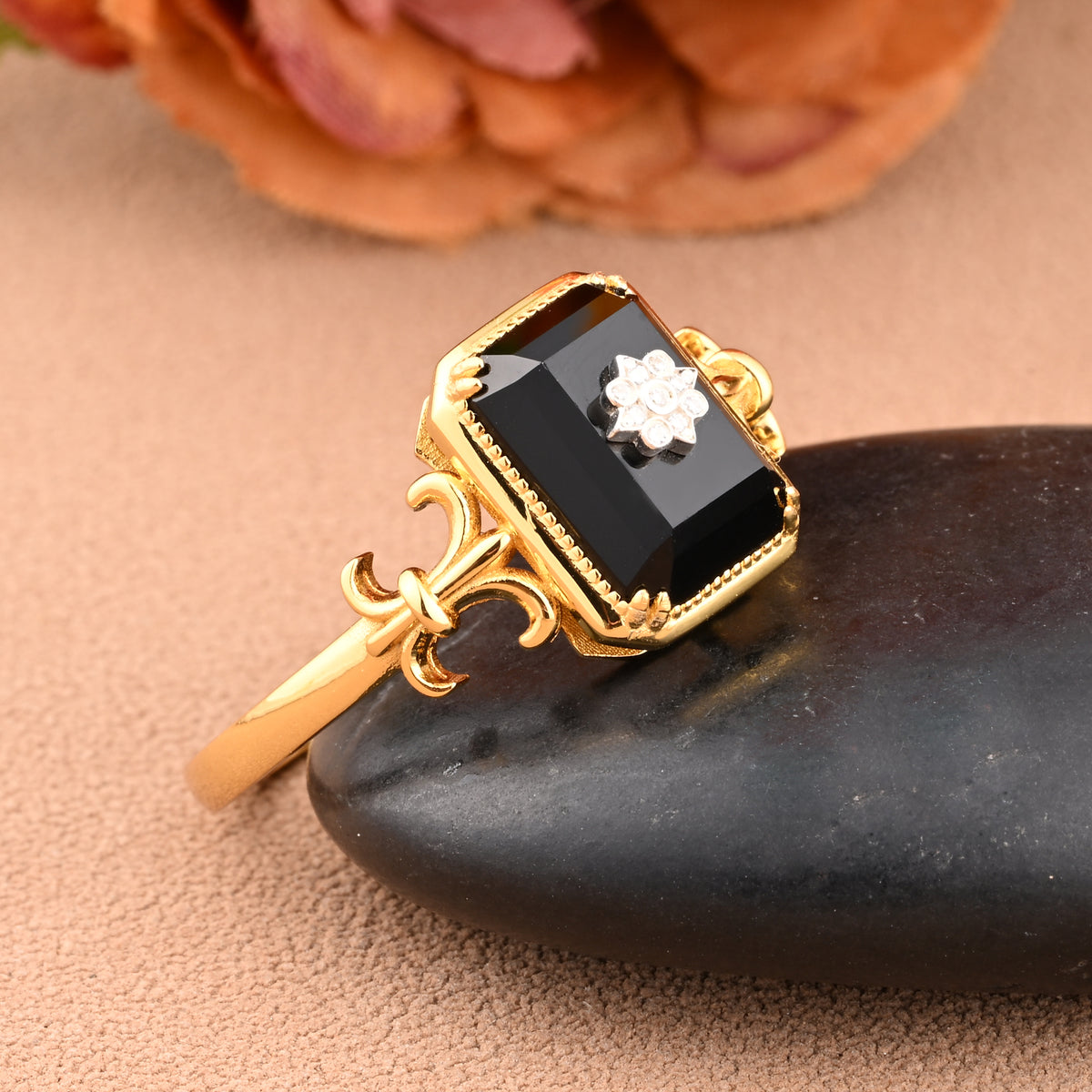 Vintage Black Onyx Emerald Cut Ring Art Deco Black Onyx Engagement Rings Handmade Octagon Gemstone Statement Ring Personalized Jewelry Gift For Her