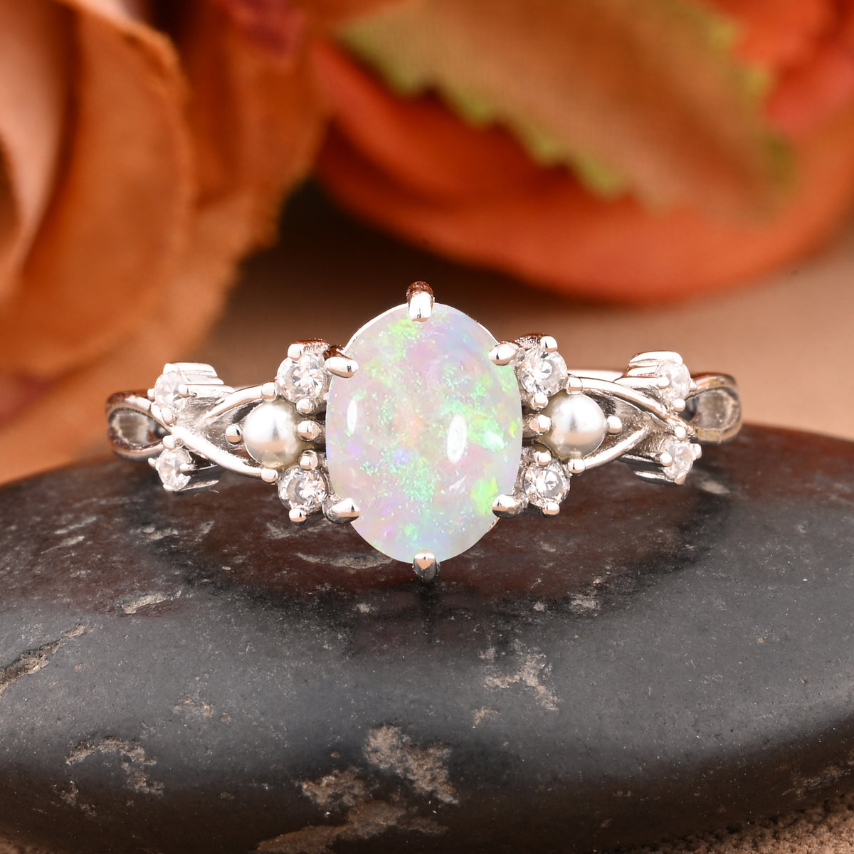 Oval Natural Opal Engagement Ring Twisted Ring Solid Rose Gold Ring Moissanite & Opal ring Antique Promise Anniversary Ring