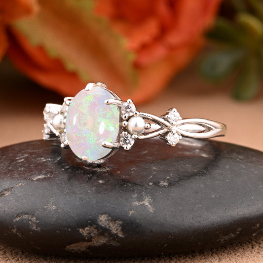 Oval Natural Opal Engagement Ring Twisted Ring Solid Rose Gold Ring Moissanite & Opal ring Antique Promise Anniversary Ring