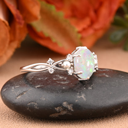 Oval Natural Opal Engagement Ring Twisted Ring Solid Rose Gold Ring Moissanite & Opal ring Antique Promise Anniversary Ring