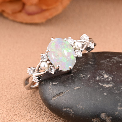 Oval Natural Opal Engagement Ring Twisted Ring Solid Rose Gold Ring Moissanite & Opal ring Antique Promise Anniversary Ring