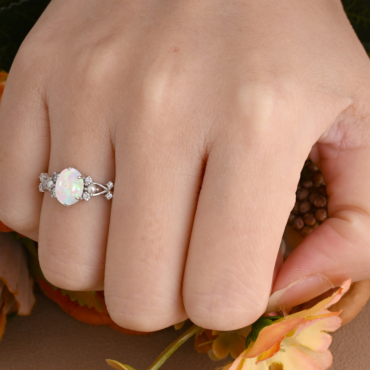 Oval Natural Opal Engagement Ring Twisted Ring Solid Rose Gold Ring Moissanite & Opal ring Antique Promise Anniversary Ring