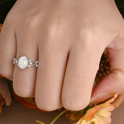 Oval Natural Opal Engagement Ring Twisted Ring Solid Rose Gold Ring Moissanite & Opal ring Antique Promise Anniversary Ring