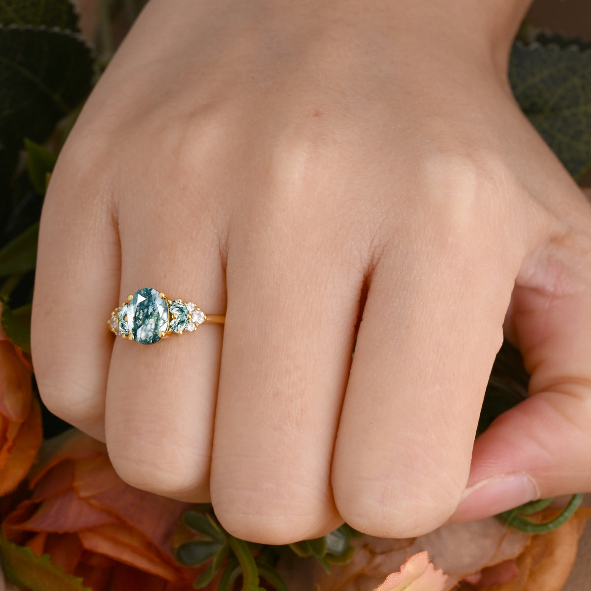 Vintage Oval Moss Agate Engagement Ring Unique Moss Agate Sidestones Oval Moissanite Deco Gemstone Promise Ring