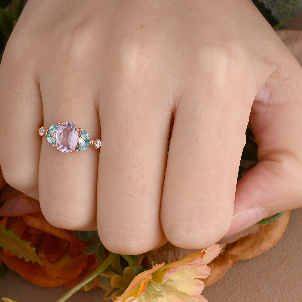 Vintage Oval Amethyst Engagement Ring Unique Moss Agate Sidestones Oval Gemstone Promise Ring