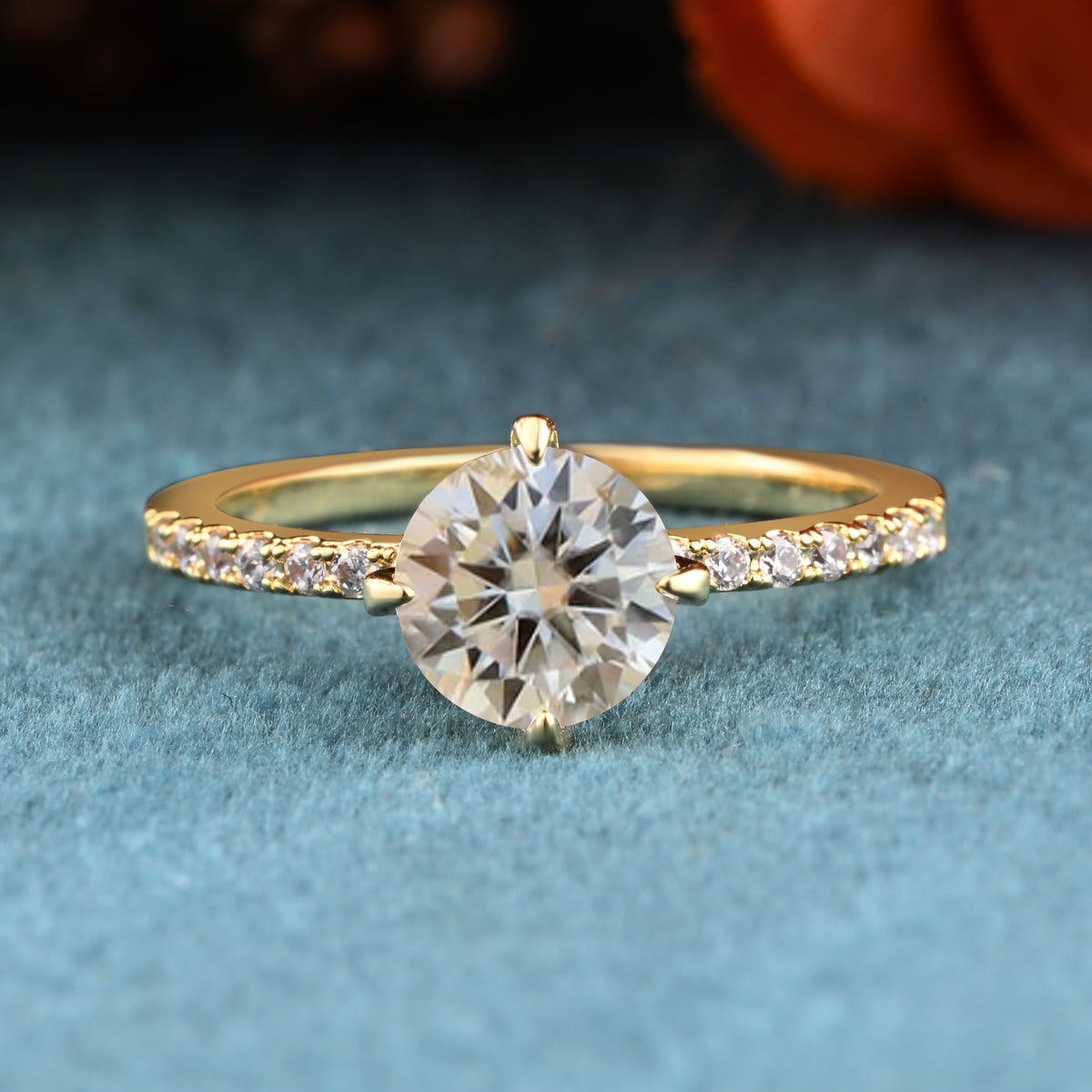 Unique Round Cut Moissanite Engagement Ring Dainty Bridal Ring 14k Yellow Gold Ring Vintage Moissanite Statement Ring Promise Ring