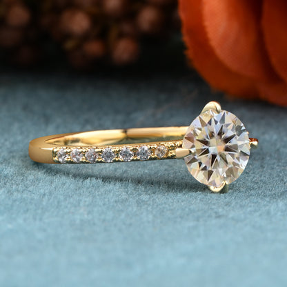 Unique Round Cut Moissanite Engagement Ring Dainty Bridal Ring 14k Yellow Gold Ring Vintage Moissanite Statement Ring Promise Ring