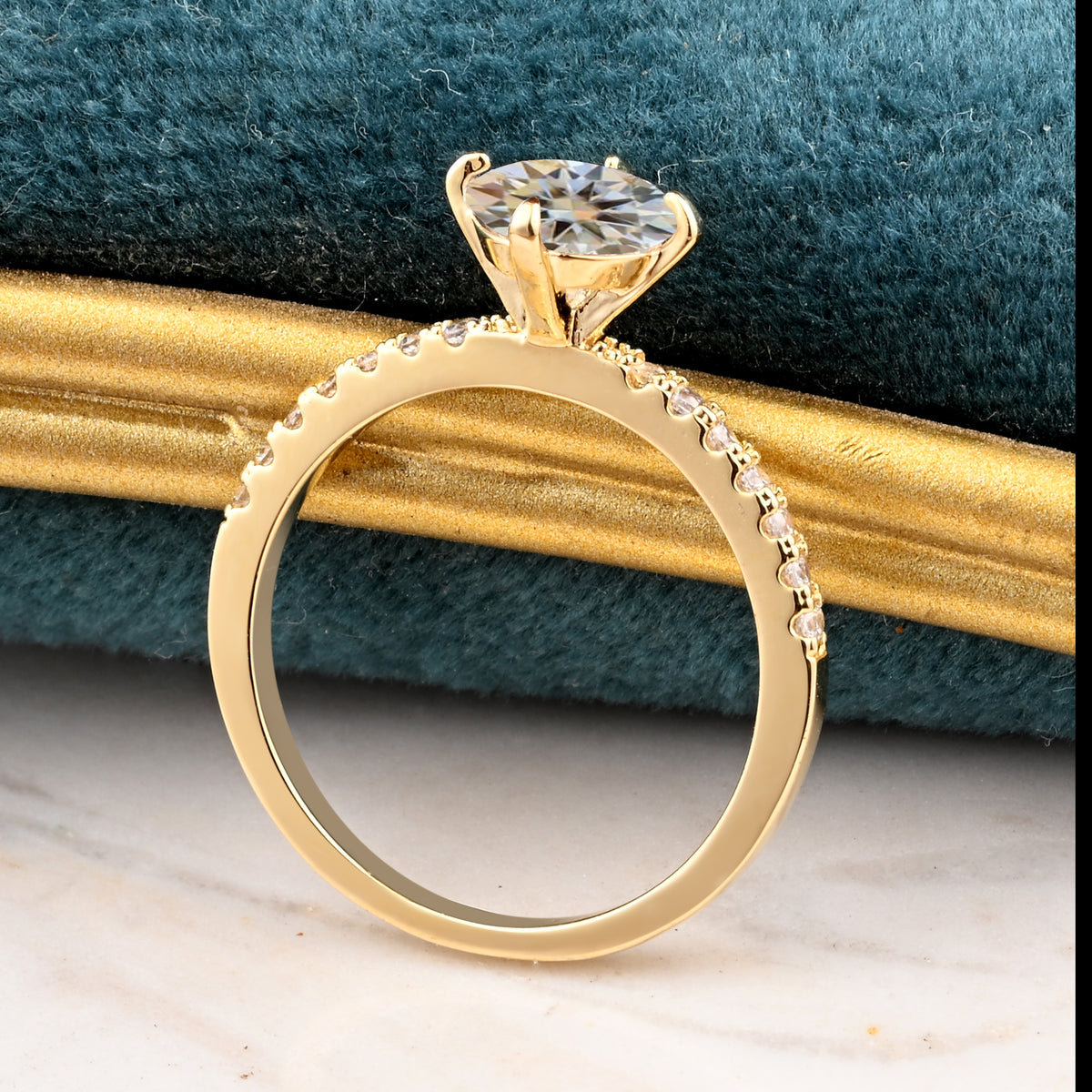 Unique Round Cut Moissanite Engagement Ring Dainty Bridal Ring 14k Yellow Gold Ring Vintage Moissanite Statement Ring Promise Ring
