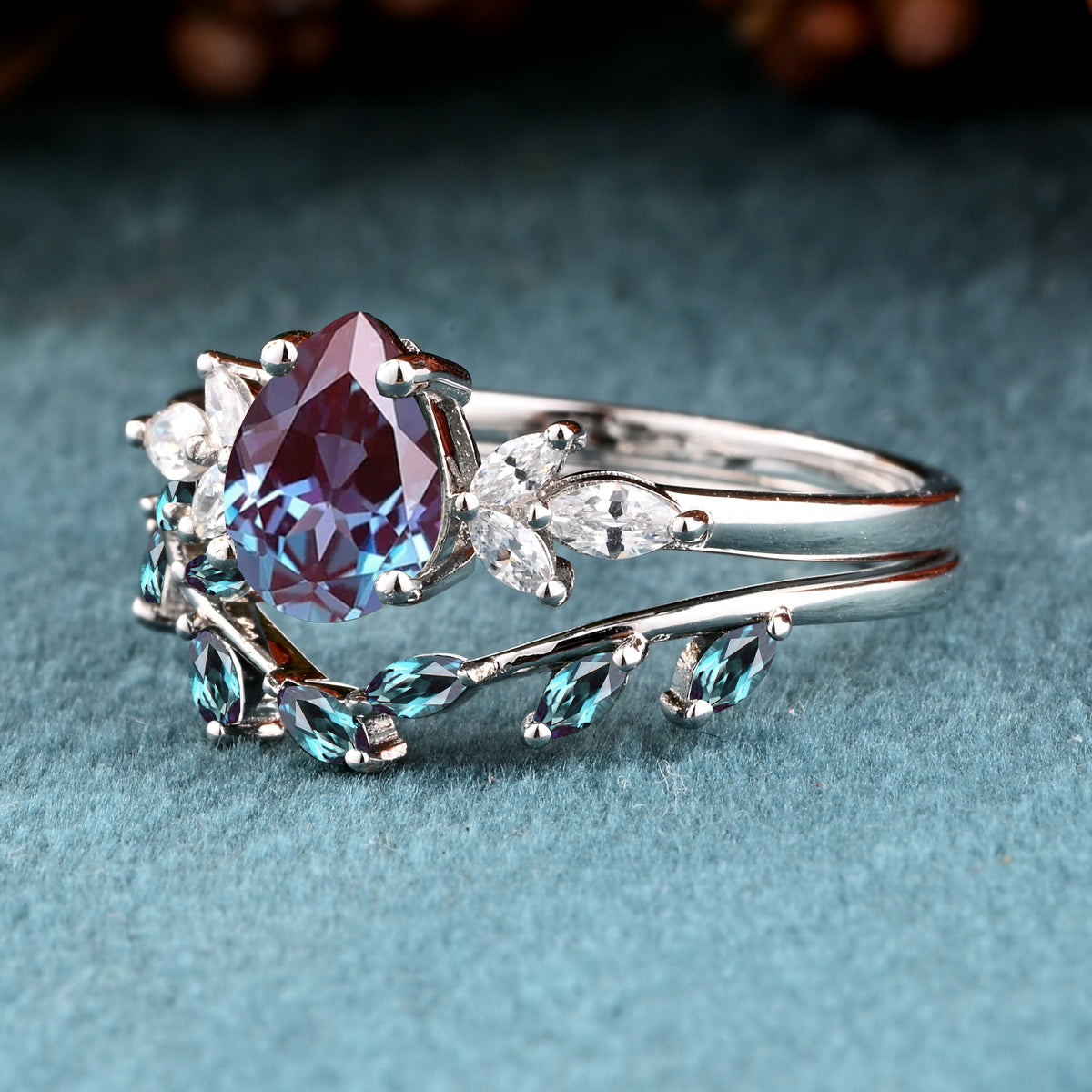 Vintage Pear Shape Alexandrite Enhancer Ring Set Unique Moissanite Gemstone Promise Bridal Ring Set