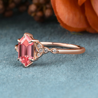 Unique Hexagon Pink Sapphire Ring Art Deco Wedding Ring Set Vintage Pink Agate Engagement Anniversary Ring