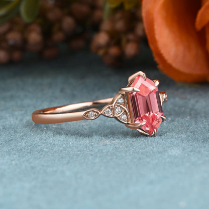 Unique Hexagon Pink Sapphire Ring Art Deco Wedding Ring Set Vintage Pink Agate Engagement Anniversary Ring