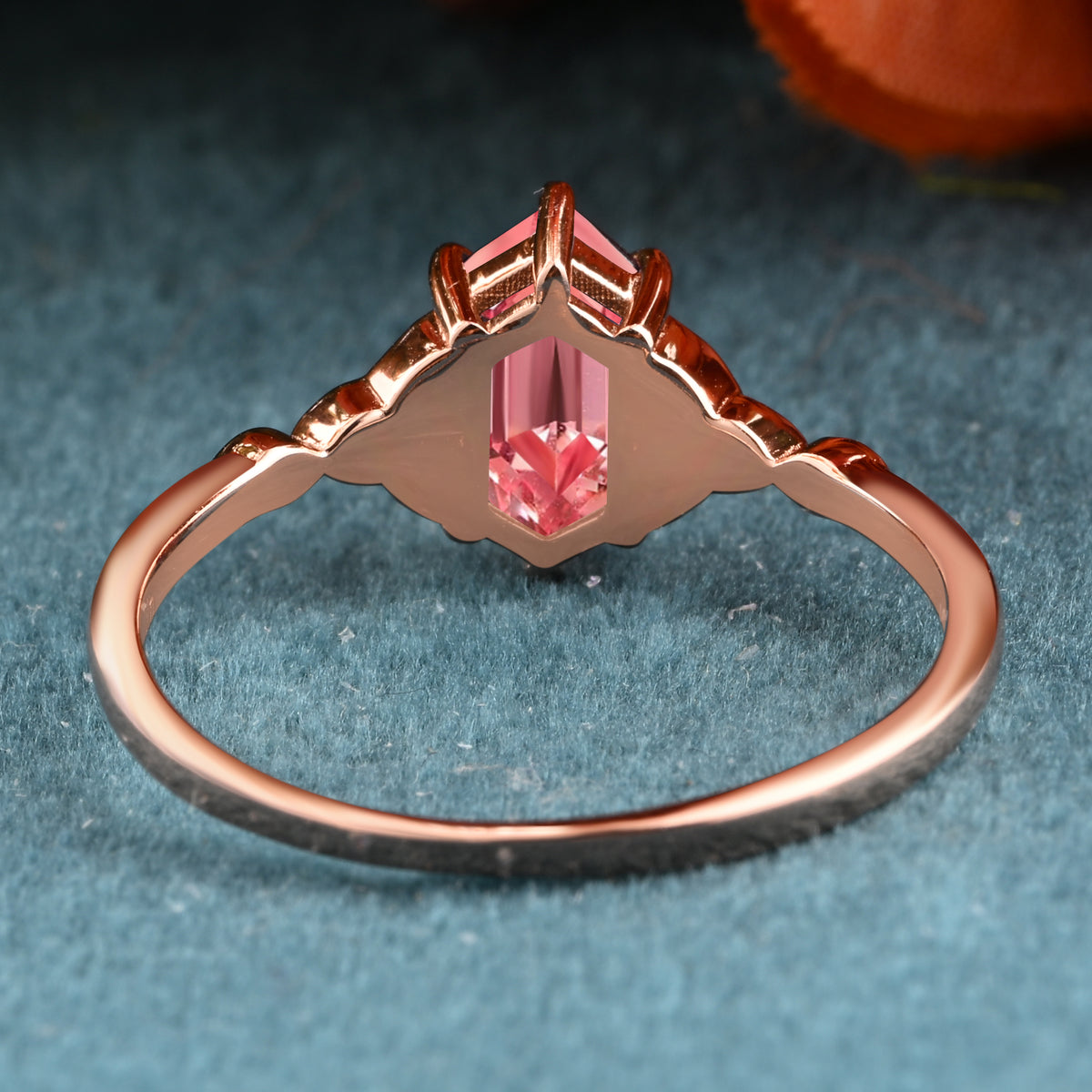 Unique Hexagon Pink Sapphire Ring Art Deco Wedding Ring Set Vintage Pink Agate Engagement Anniversary Ring