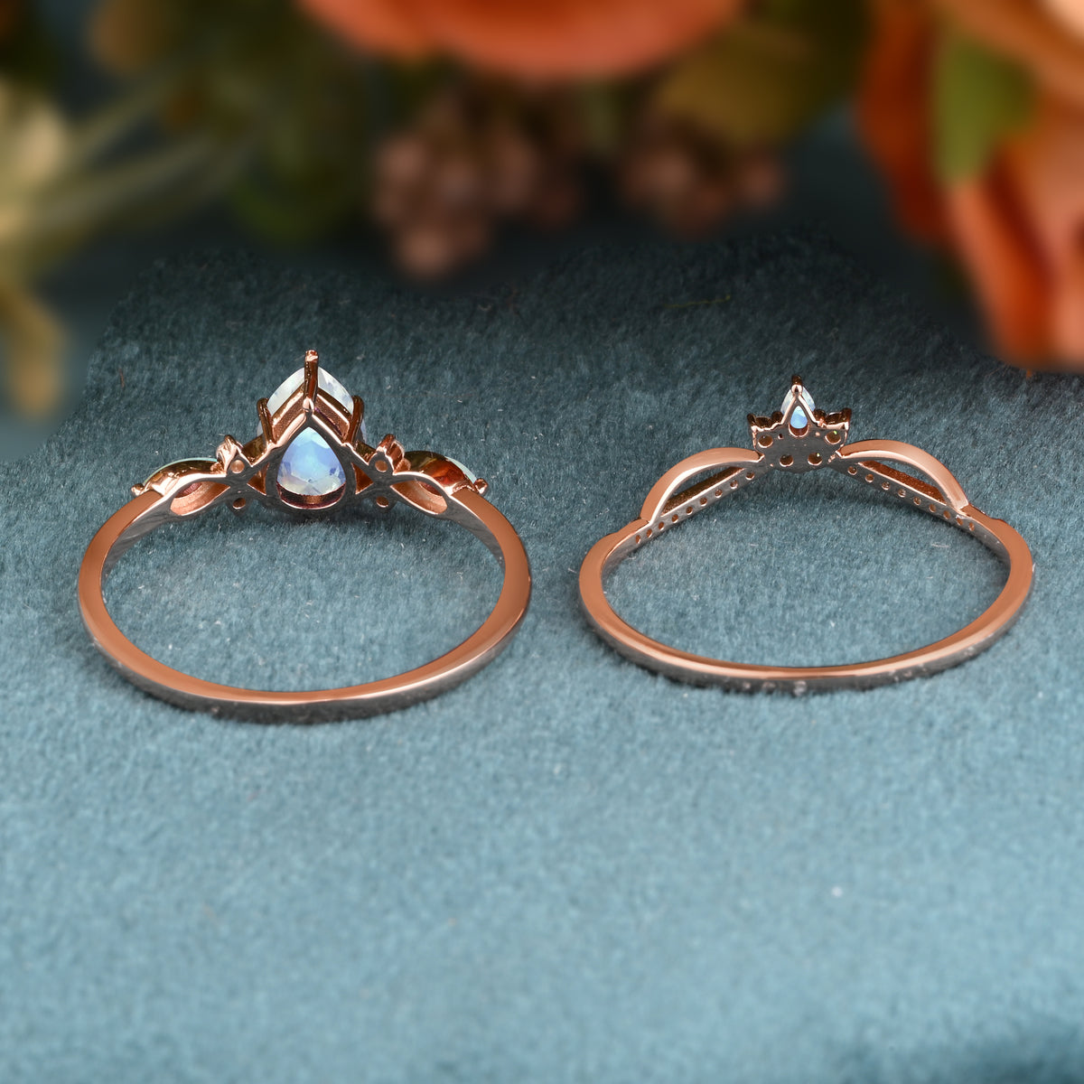 Vintage Pear Shape Moonstone Engagement Ring Set Unique Gemstone Promise Bridal Ring Set Anniversary Gift