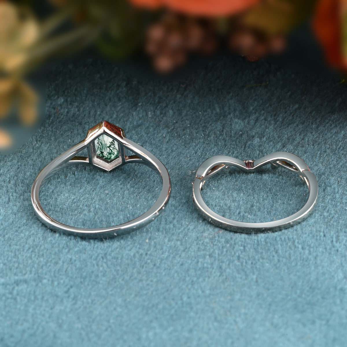 Unique Vintage Bezel Setting Moss Agate Ring Set Sterling Silver Ring Set Vintage Hexagon Cut Moss Agate Engagement Promise Bridal Ring Set