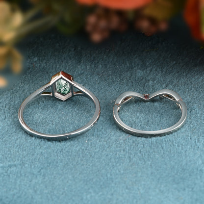 Unique Vintage Bezel Setting Moss Agate Ring Set Sterling Silver Ring Set Vintage Hexagon Cut Moss Agate Engagement Promise Bridal Ring Set