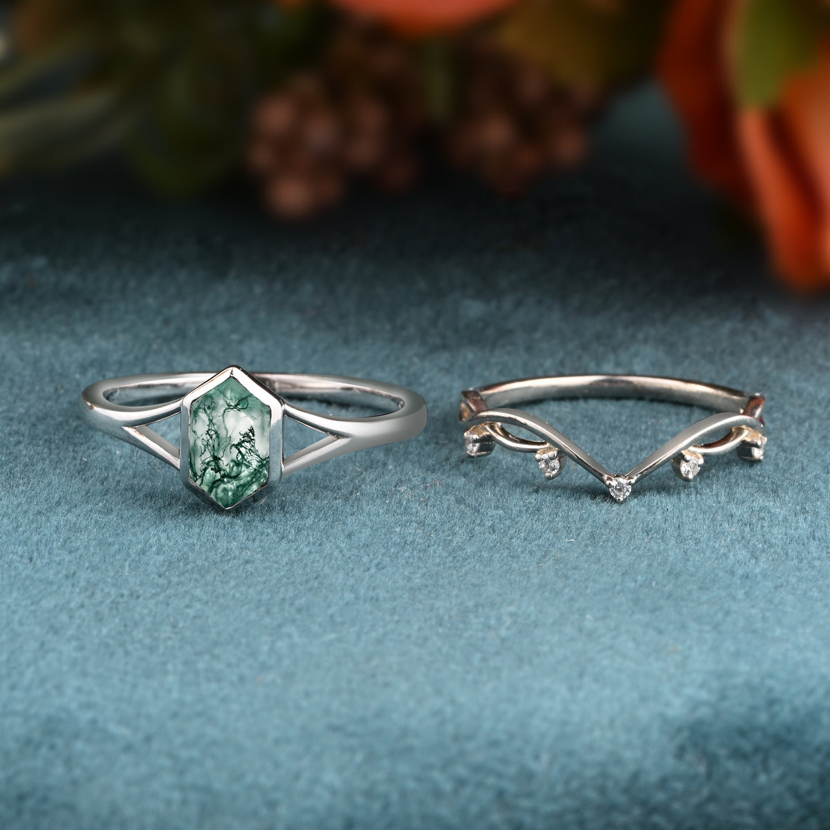 Unique Vintage Bezel Setting Moss Agate Ring Set Sterling Silver Ring Set Vintage Hexagon Cut Moss Agate Engagement Promise Bridal Ring Set
