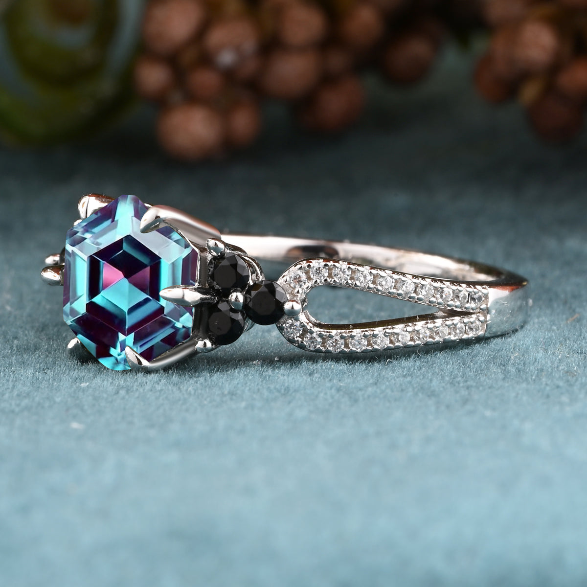 Vintage Hexagon Cut Alexandrite Engagement Ring Nature Inspired Black Onyx Cluster Promise Ring Rose Gold Art Deco Leaf Women Gemstone Branch Ring