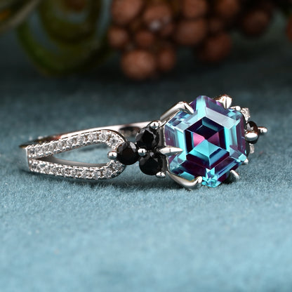 Vintage Hexagon Cut Alexandrite Engagement Ring Nature Inspired Black Onyx Cluster Promise Ring Rose Gold Art Deco Leaf Women Gemstone Branch Ring