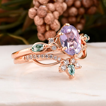 Vintage Oval Shape Amethyst Engagement Ring Set Unique Gemstone Promise Bridal Ring Set Anniversary Gift