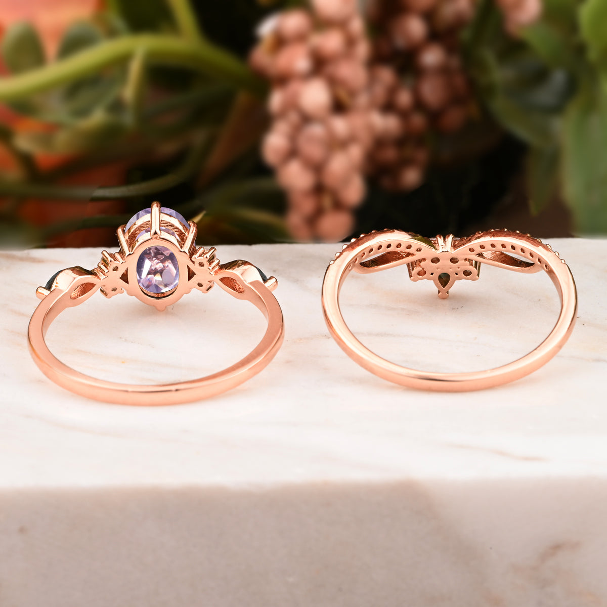 Vintage Oval Shape Amethyst Engagement Ring Set Unique Gemstone Promise Bridal Ring Set Anniversary Gift